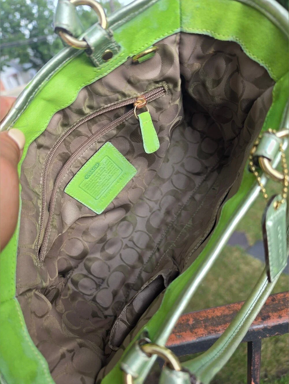 Vintage  Coach Woven Straw Satchel, Green Suade Leather.2004